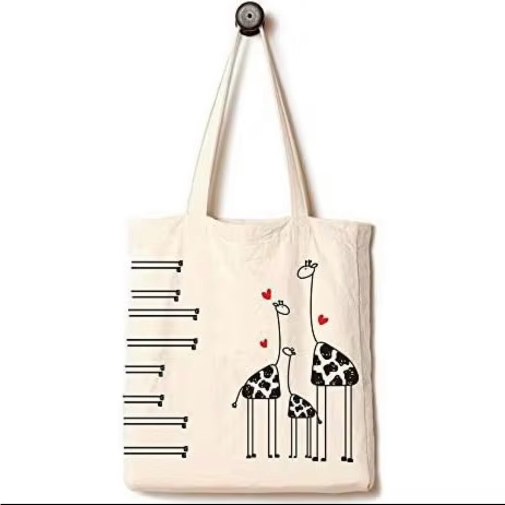 NEW‎ Andes Heavy Canvas Giraffe Family Print Tote Bag with Side Pockets